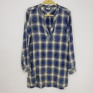 Dylan Plaid Henley Tunic Top Shirt Womens Size Small Blue Acid Wash Long Sleeve